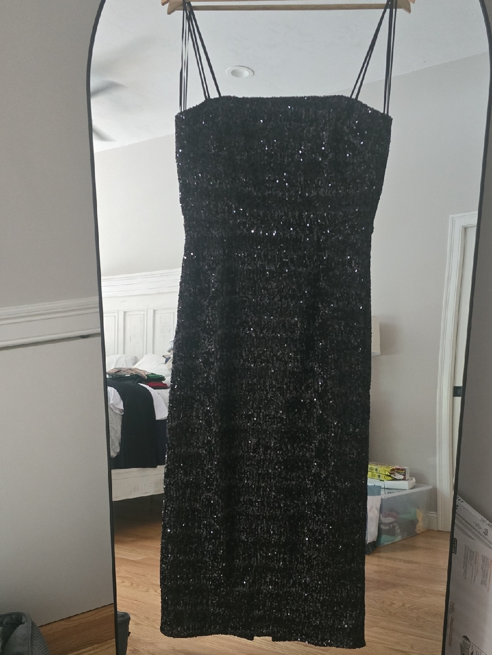 Black Sequin Strapless Midi Dress with Double Straps